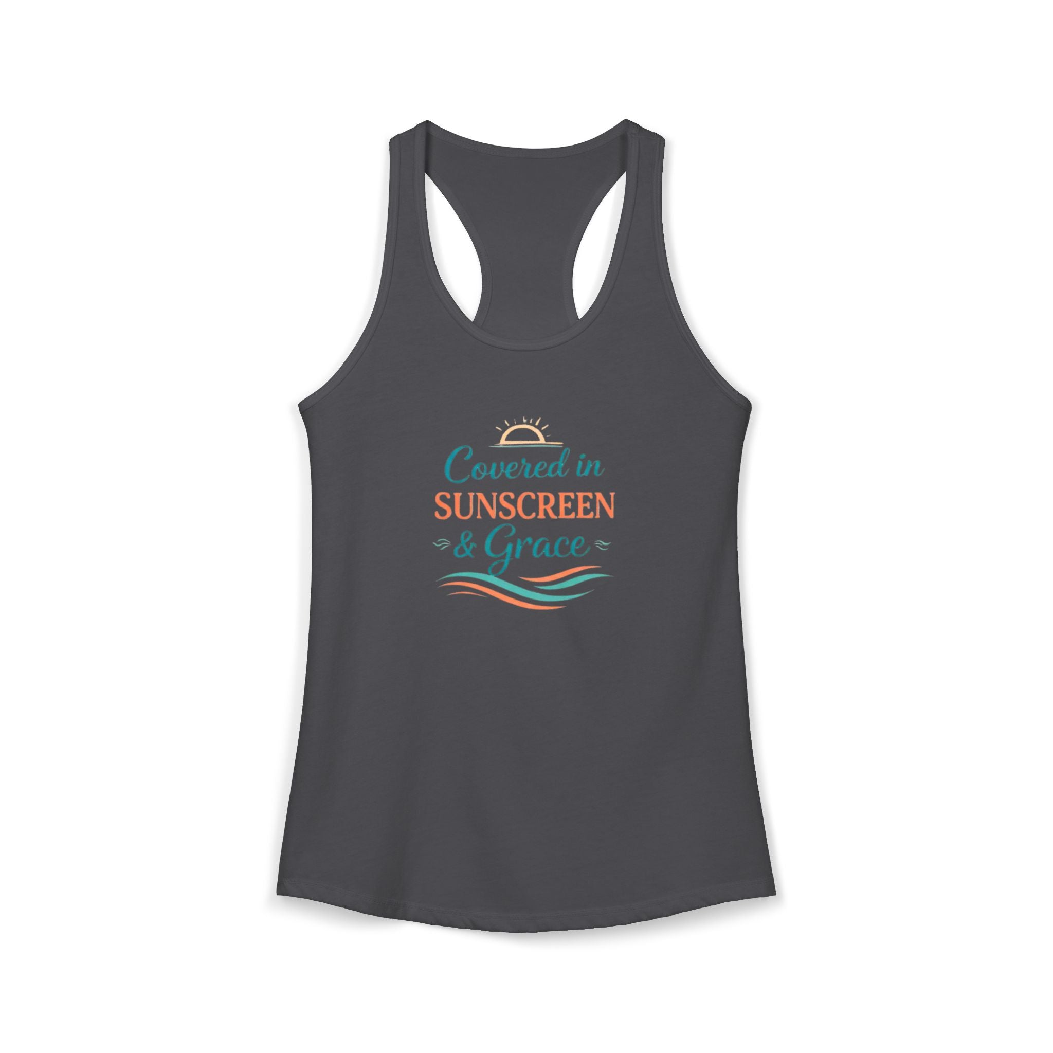 Covered in Sunscreen & Grace Racerback Tank – Faith-Based Summer Beach Tank for Women