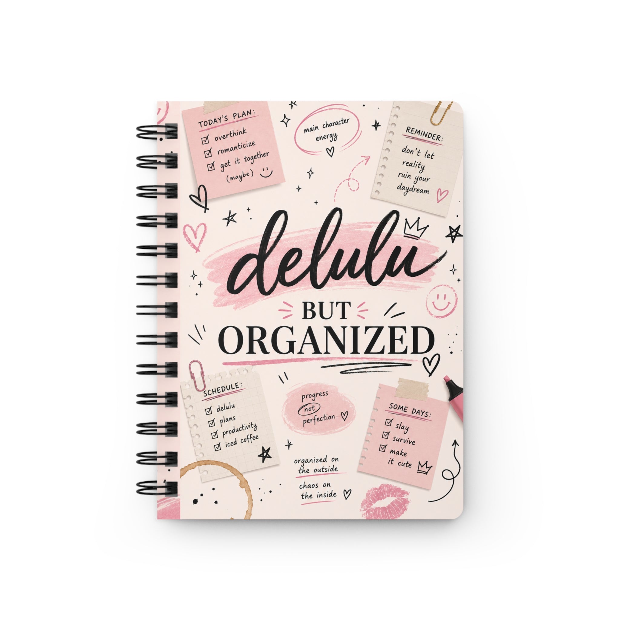 Spiral Notebook — "Delulu But Organized" Pink Floral Planner Journal for Cute, Quirky Organization