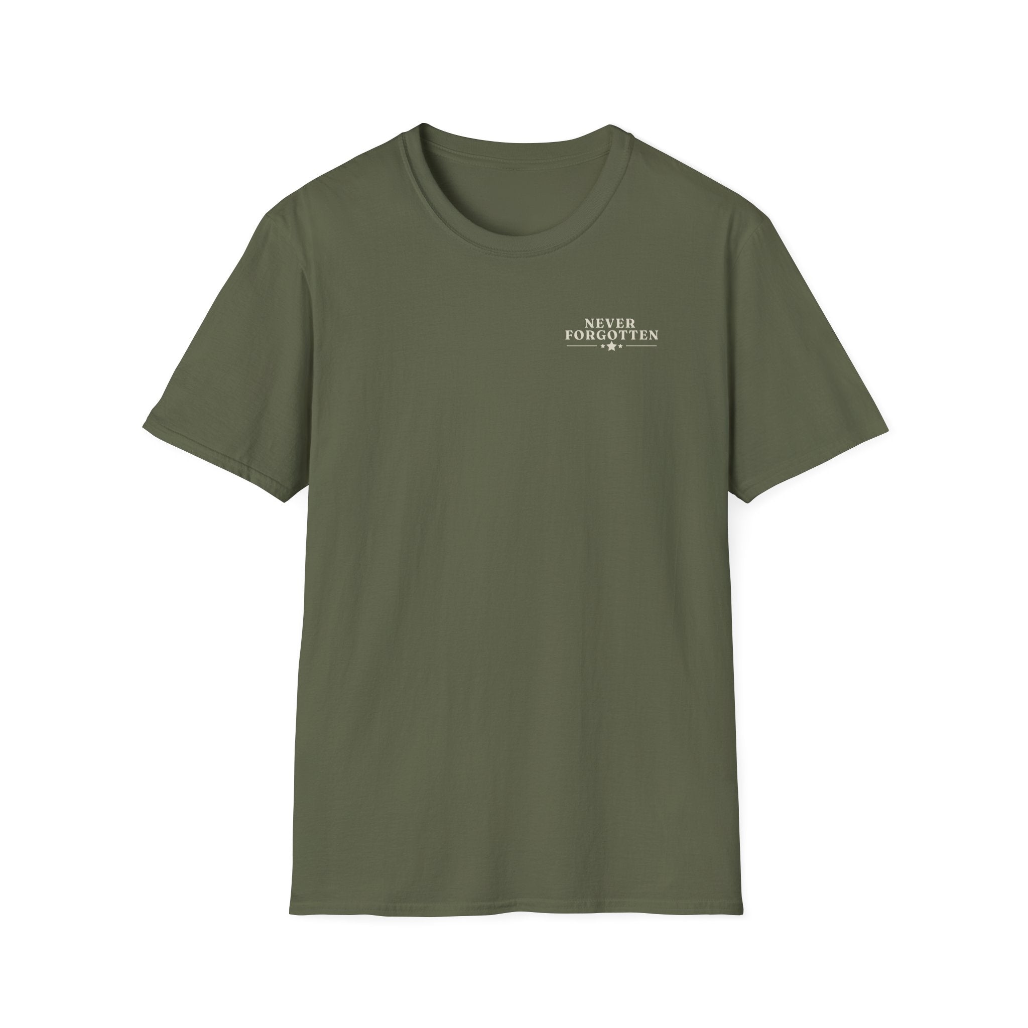 Memorial Military T-Shirt — "Never Forgotten" Fallen Soldier Tribute