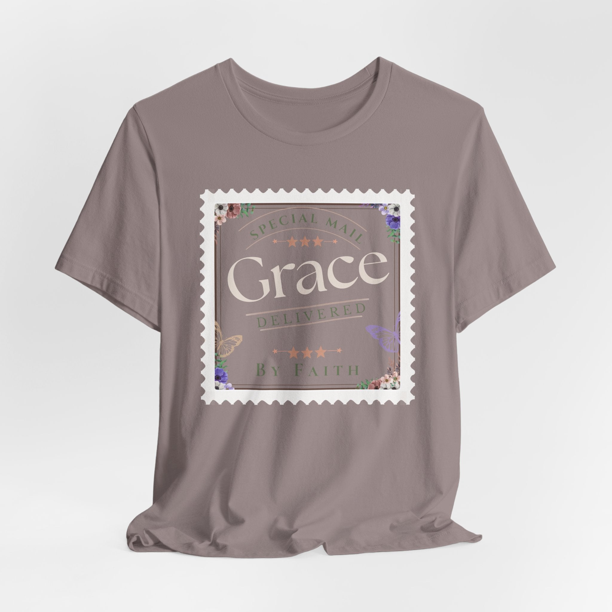 Grace Delivered By Faith Christian Graphic Tee – Vintage Postage Stamp Design