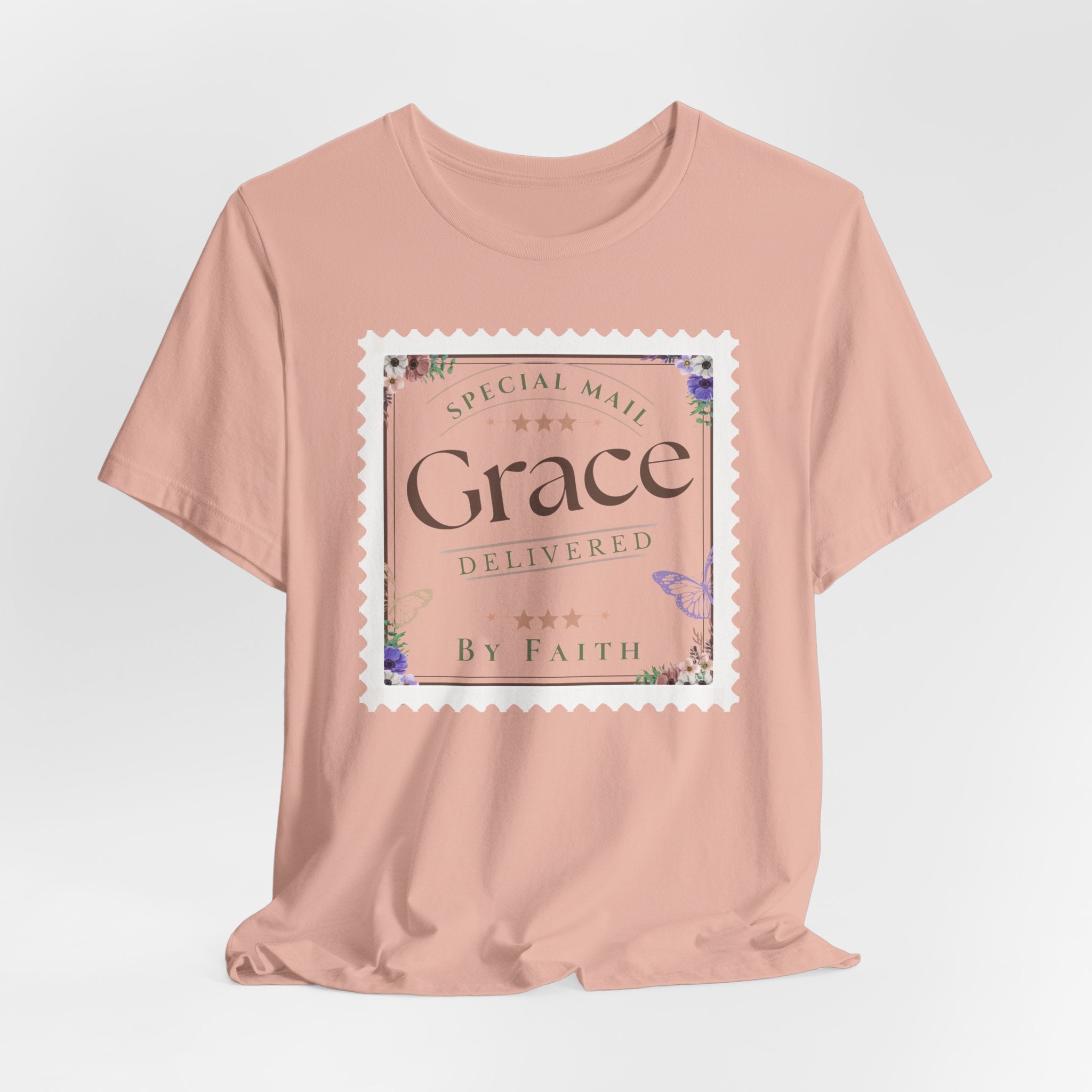Grace Delivered By Faith Christian Graphic Tee – Vintage Postage Stamp Design