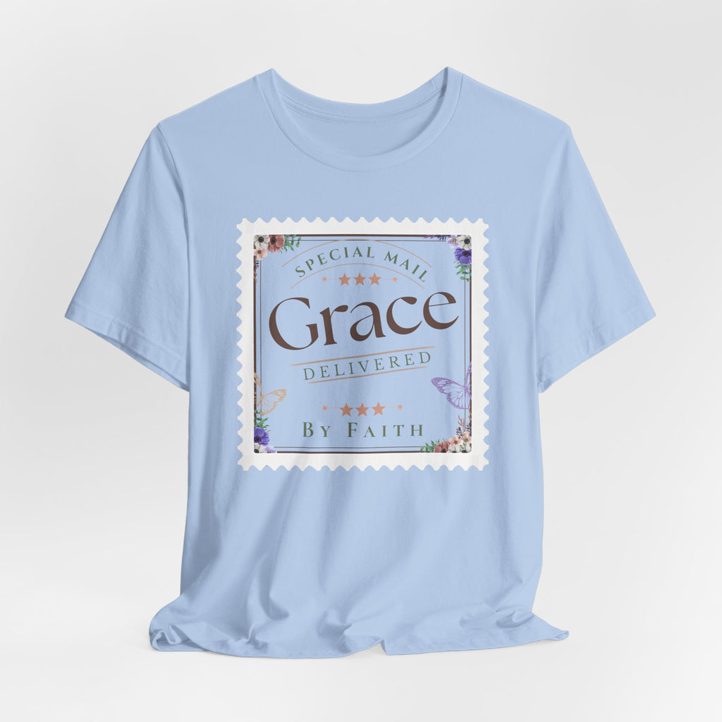 Grace Delivered By Faith Christian Graphic Tee – Vintage Postage Stamp Design