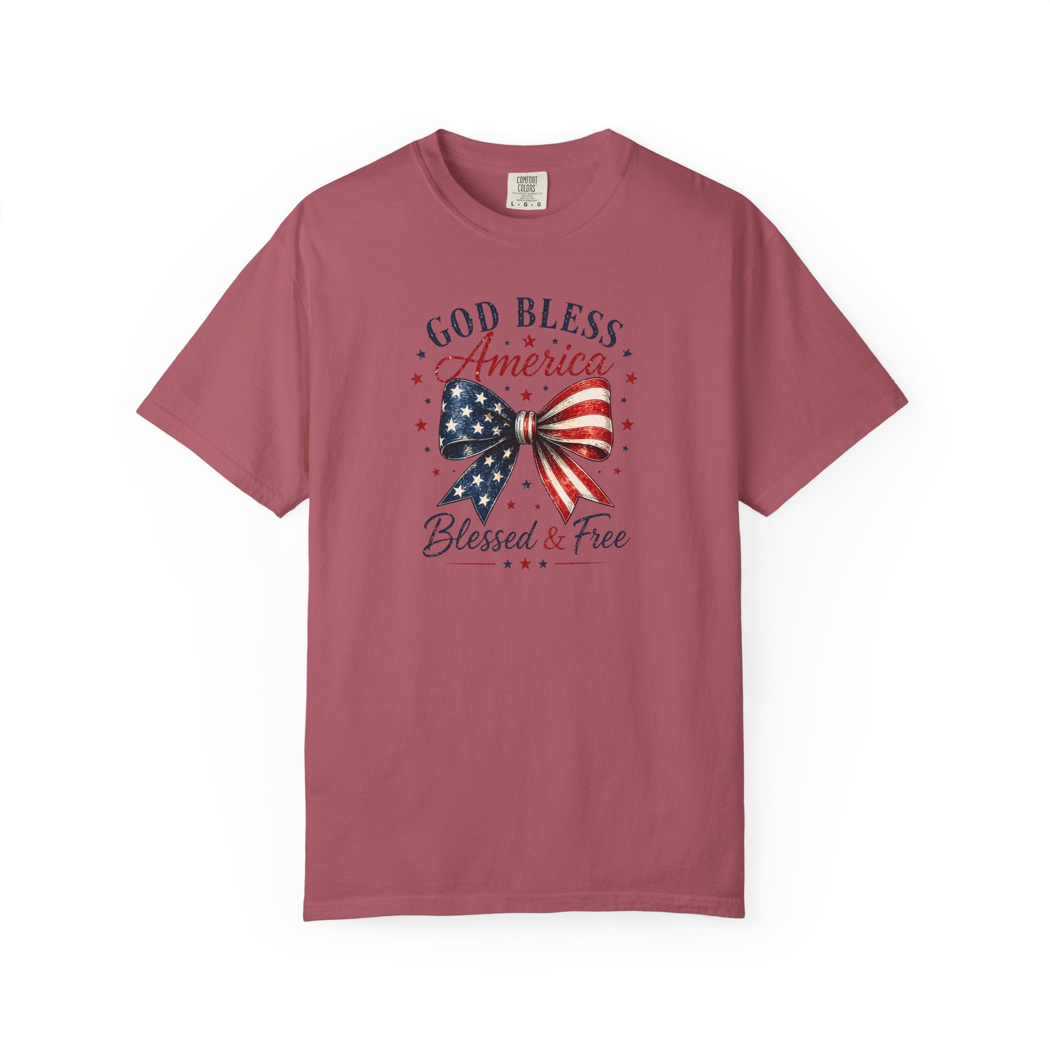 God Bless America Bow T-Shirt | Comfort Colors Patriotic Tee | Vintage USA Shirt | Faith + Freedom Graphic Tee