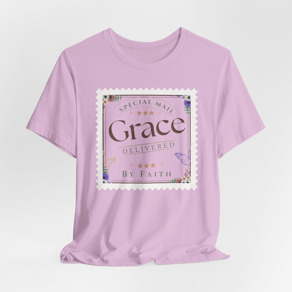 Grace Delivered By Faith Christian Graphic Tee – Vintage Postage Stamp Design
