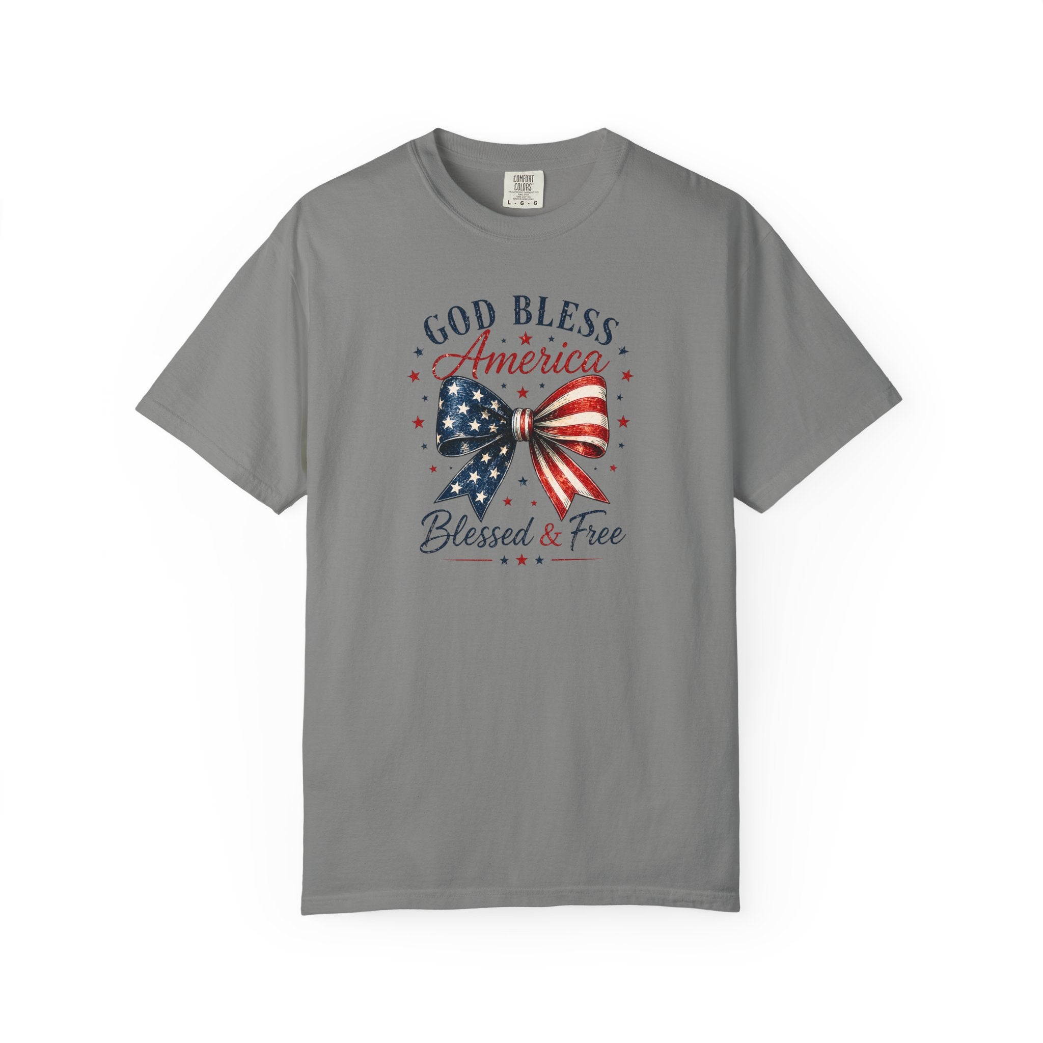 God Bless America Bow T-Shirt | Comfort Colors Patriotic Tee | Vintage USA Shirt | Faith + Freedom Graphic Tee