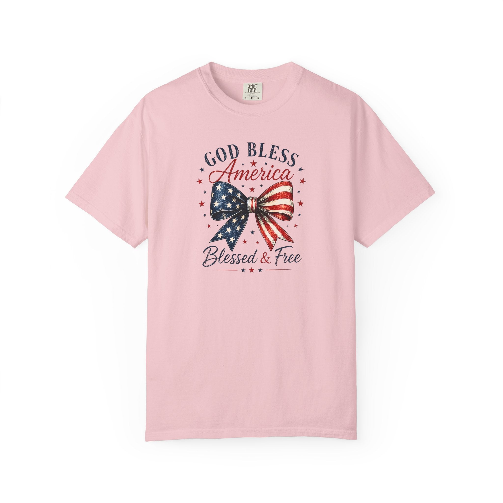 God Bless America Bow T-Shirt | Comfort Colors Patriotic Tee | Vintage USA Shirt | Faith + Freedom Graphic Tee