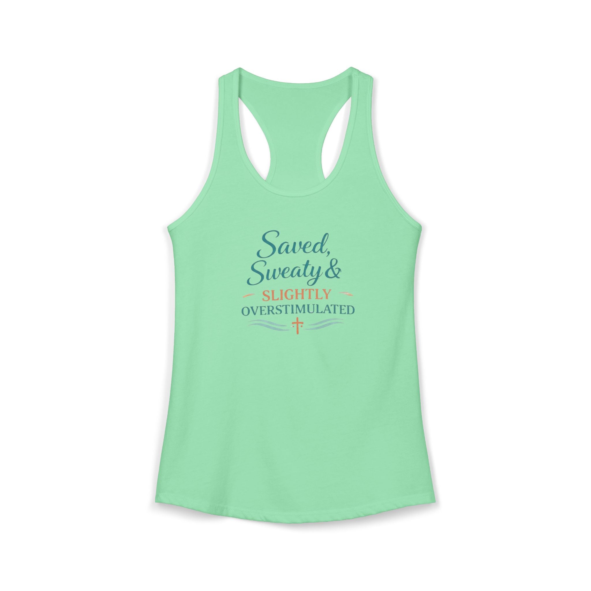 Saved, Sweaty & Overstimulated Racerback Tank – Funny Faith-Based Summer Tank for Women