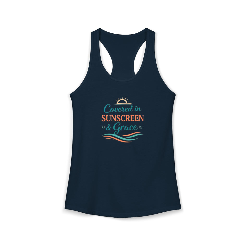 Covered in Sunscreen & Grace Racerback Tank – Faith-Based Summer Beach Tank for Women