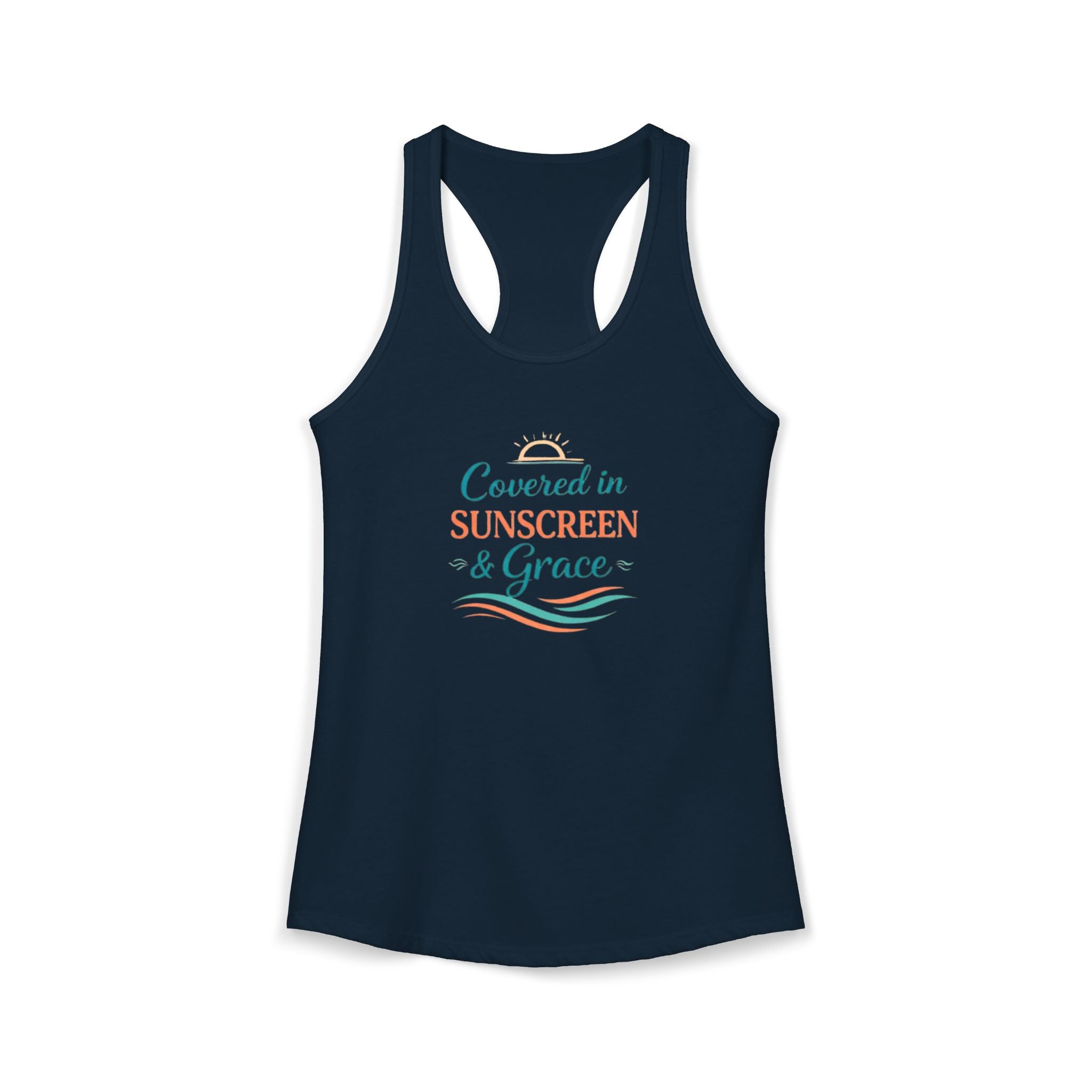 Covered in Sunscreen & Grace Racerback Tank – Faith-Based Summer Beach Tank for Women
