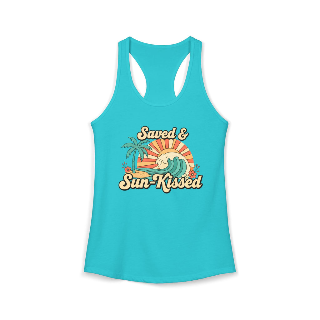 Saved & Sun-Kissed Racerback Tank – Faith-Based Summer Beach Tank for Women