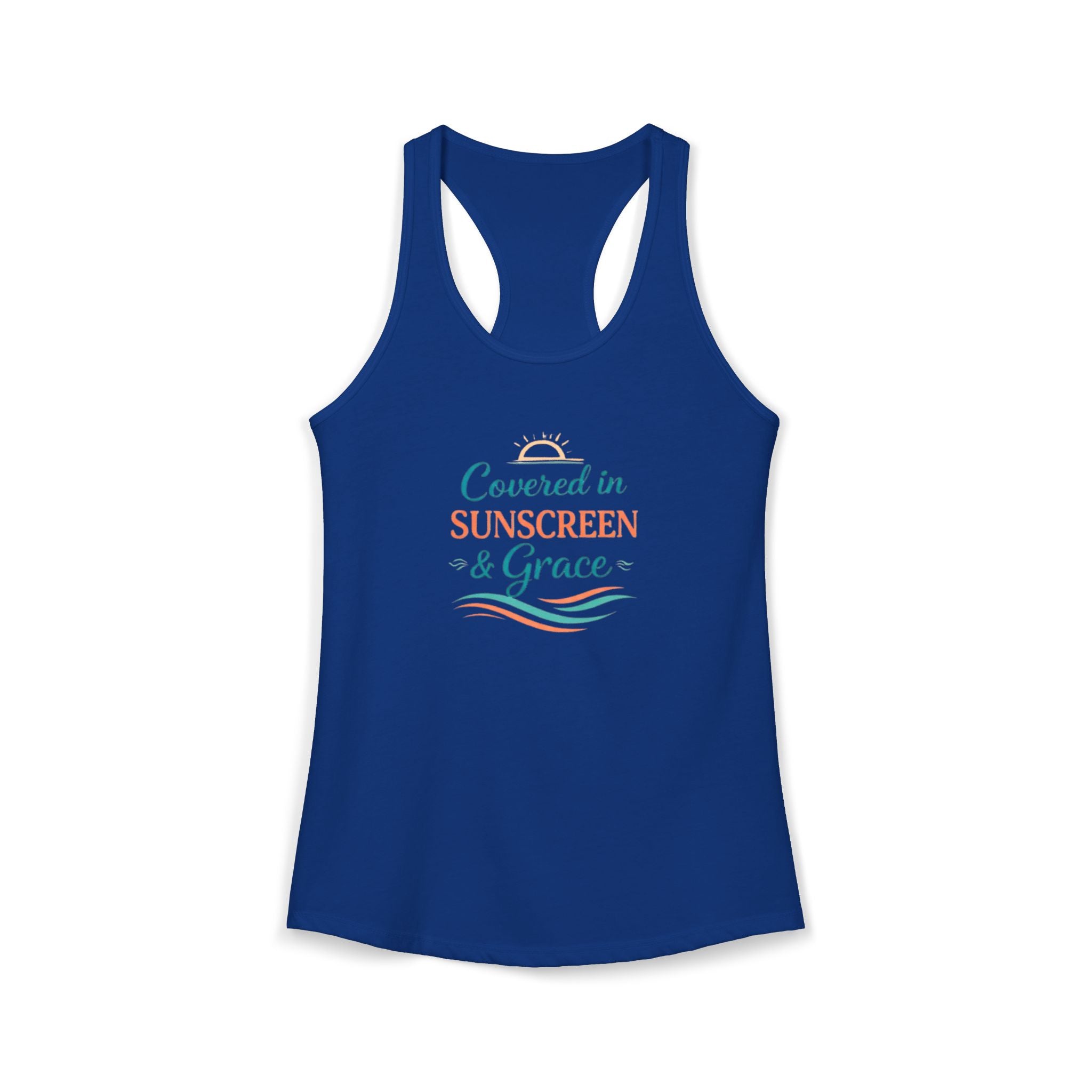 Covered in Sunscreen & Grace Racerback Tank – Faith-Based Summer Beach Tank for Women