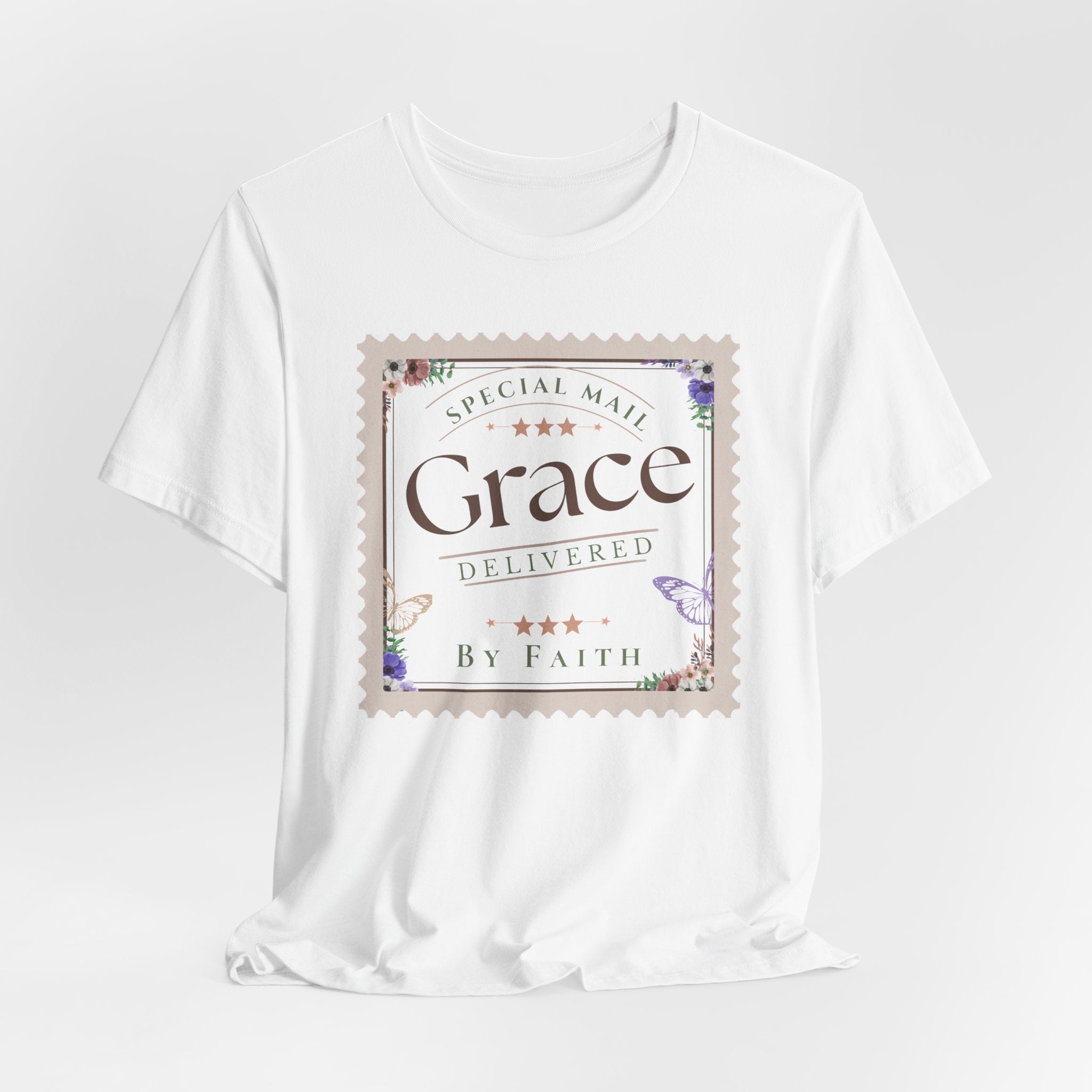 Grace Delivered By Faith Christian Graphic Tee – Vintage Postage Stamp Design