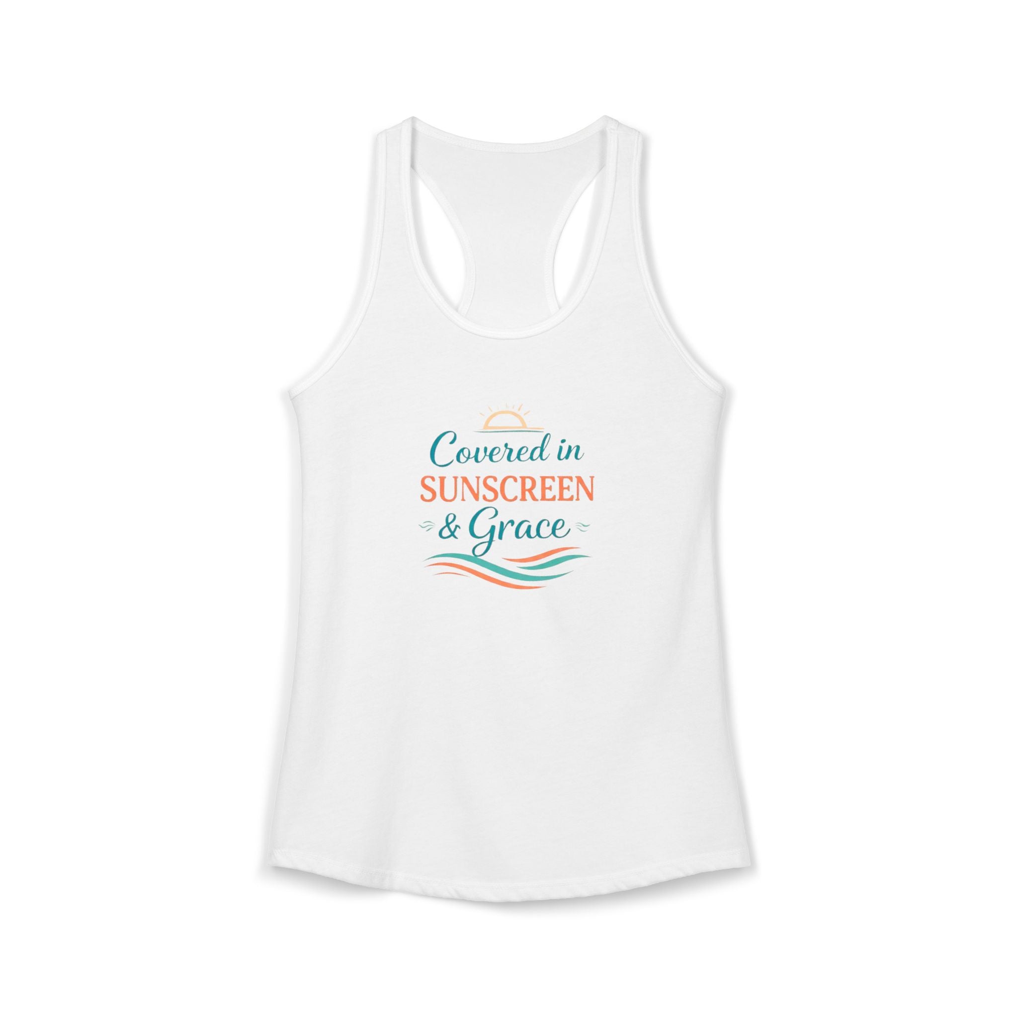 Covered in Sunscreen & Grace Racerback Tank – Faith-Based Summer Beach Tank for Women