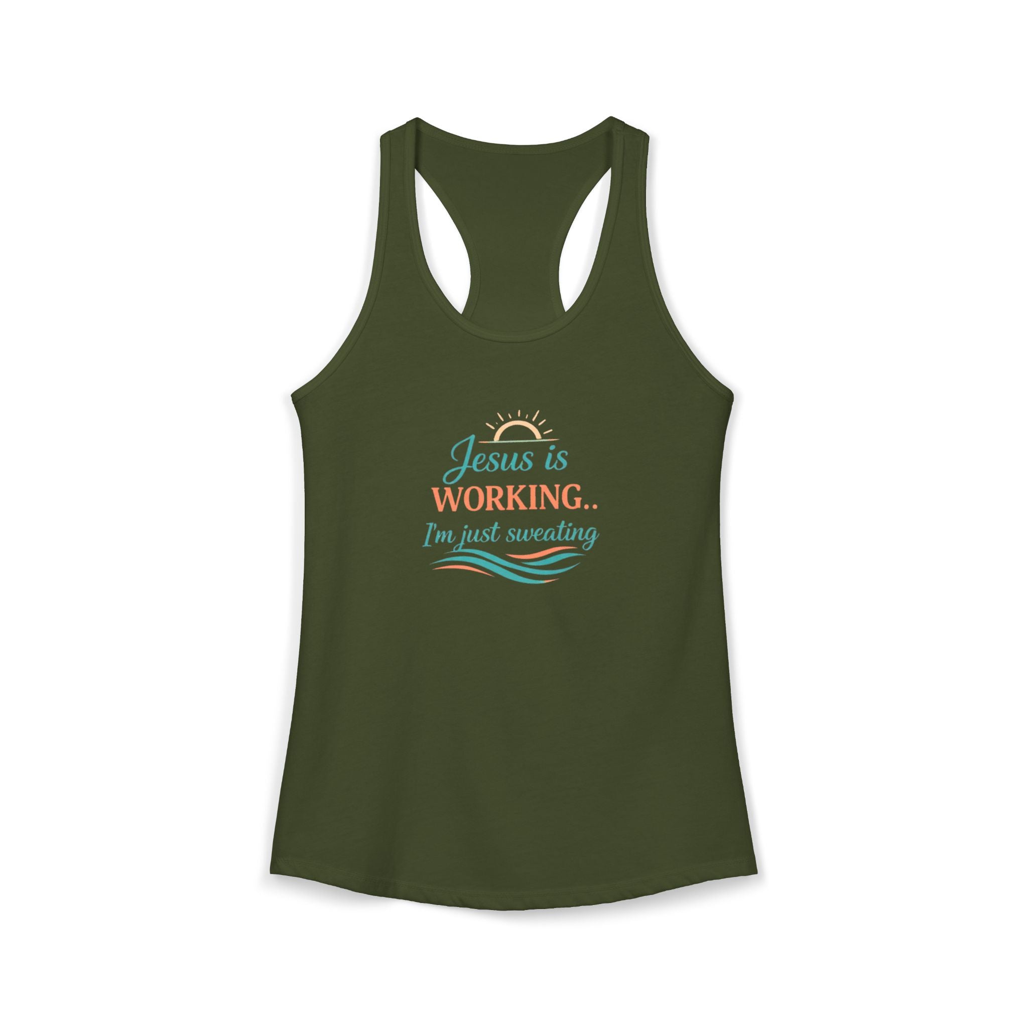Jesus Is Working I’m Just Sweating Racerback Tank – Funny Faith-Based Summer Tank for Women