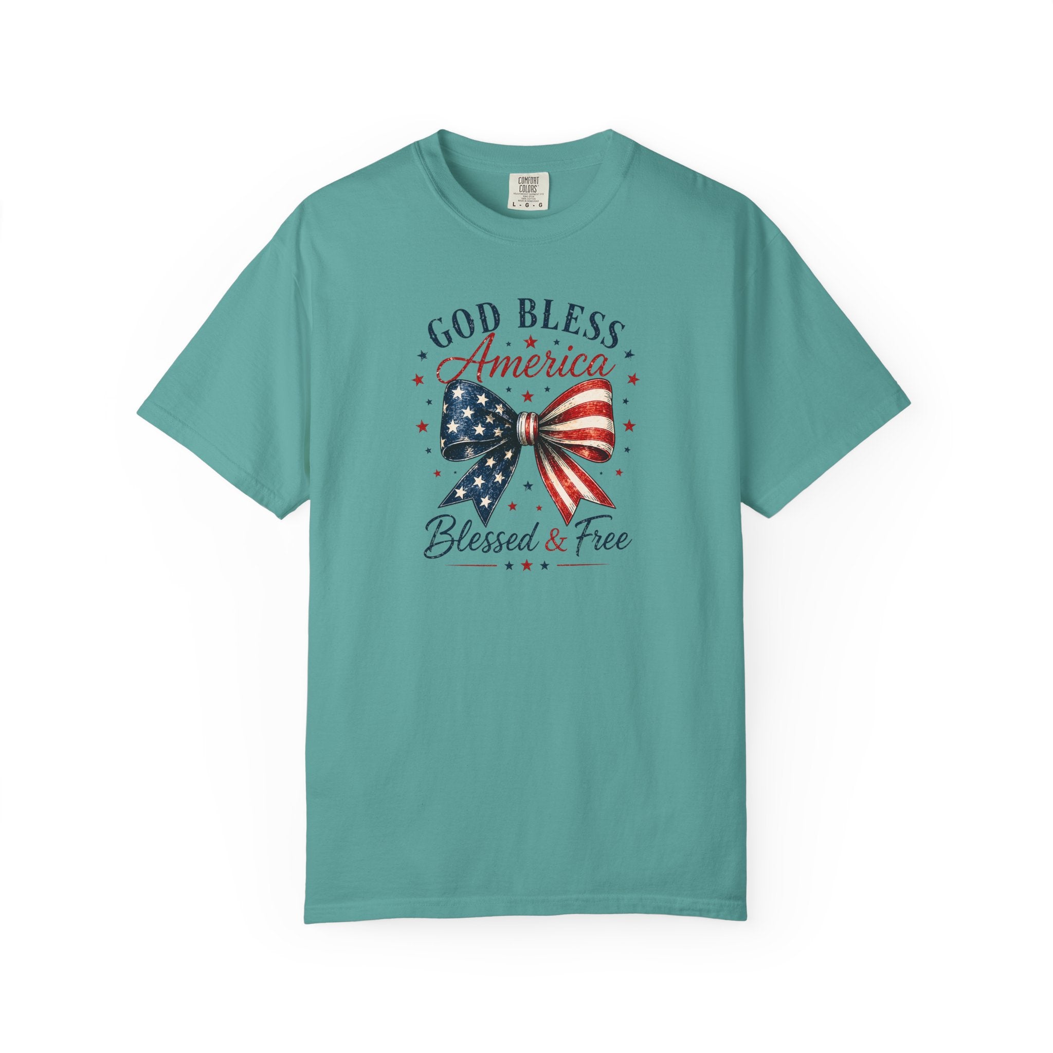 God Bless America Bow T-Shirt | Comfort Colors Patriotic Tee | Vintage USA Shirt | Faith + Freedom Graphic Tee