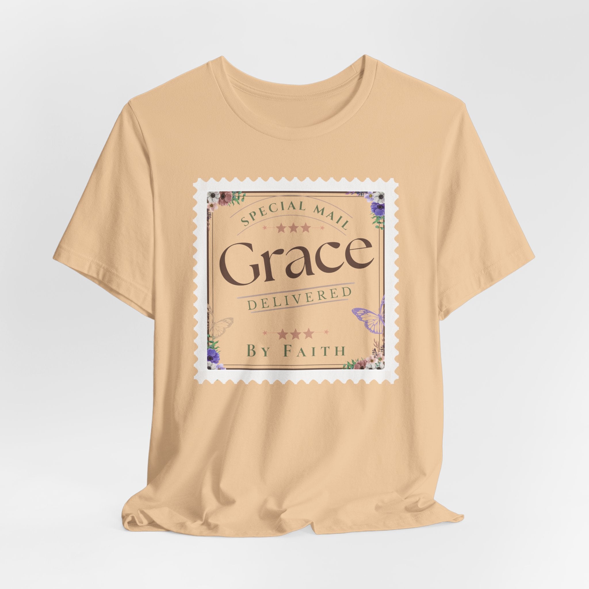 Grace Delivered By Faith Christian Graphic Tee – Vintage Postage Stamp Design
