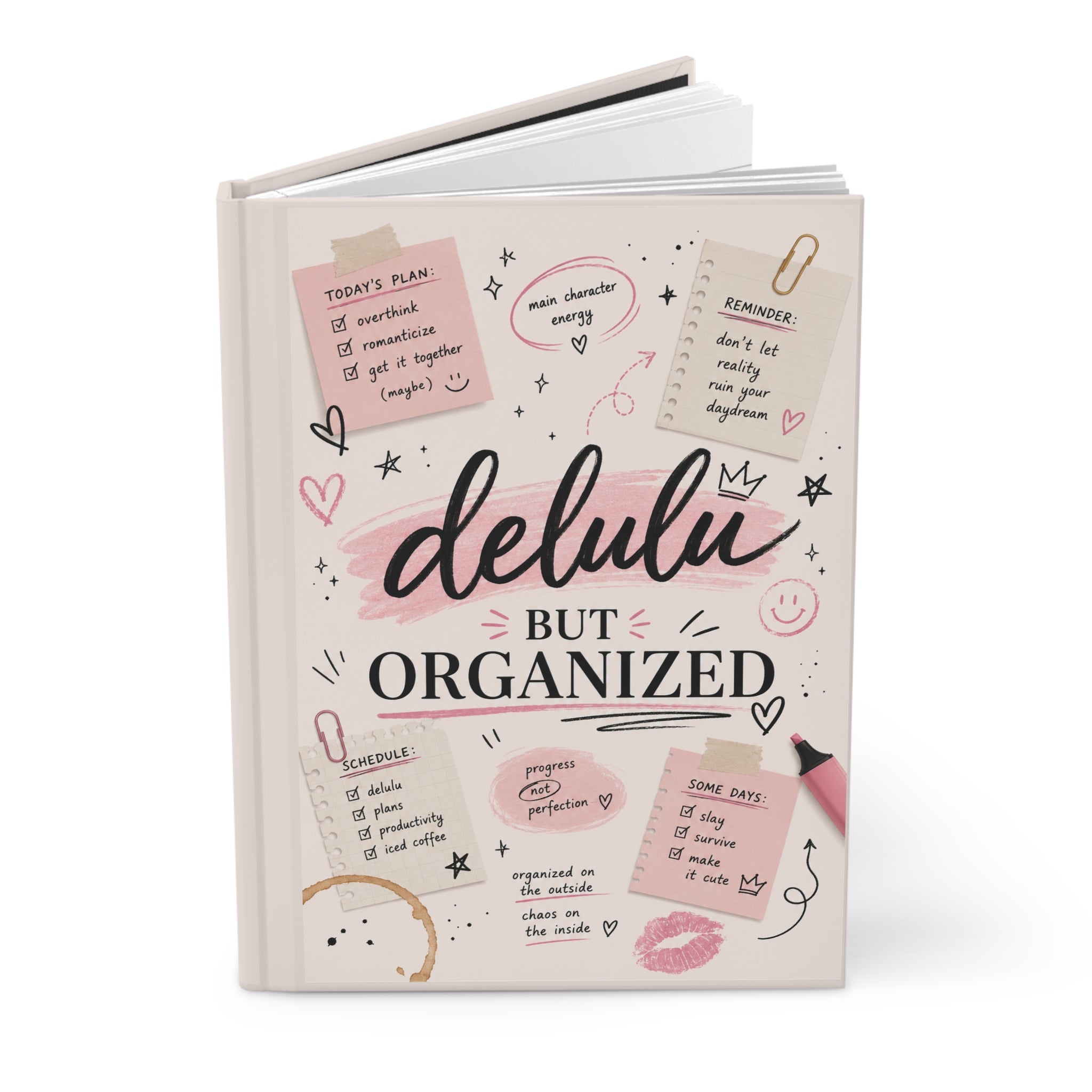 Delulu But Organized Hardcover Journal — Cute Pink Planner Notebook for Notes & Goal-Setting