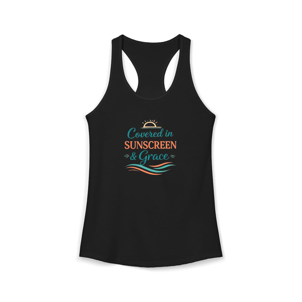 Covered in Sunscreen & Grace Racerback Tank – Faith-Based Summer Beach Tank for Women