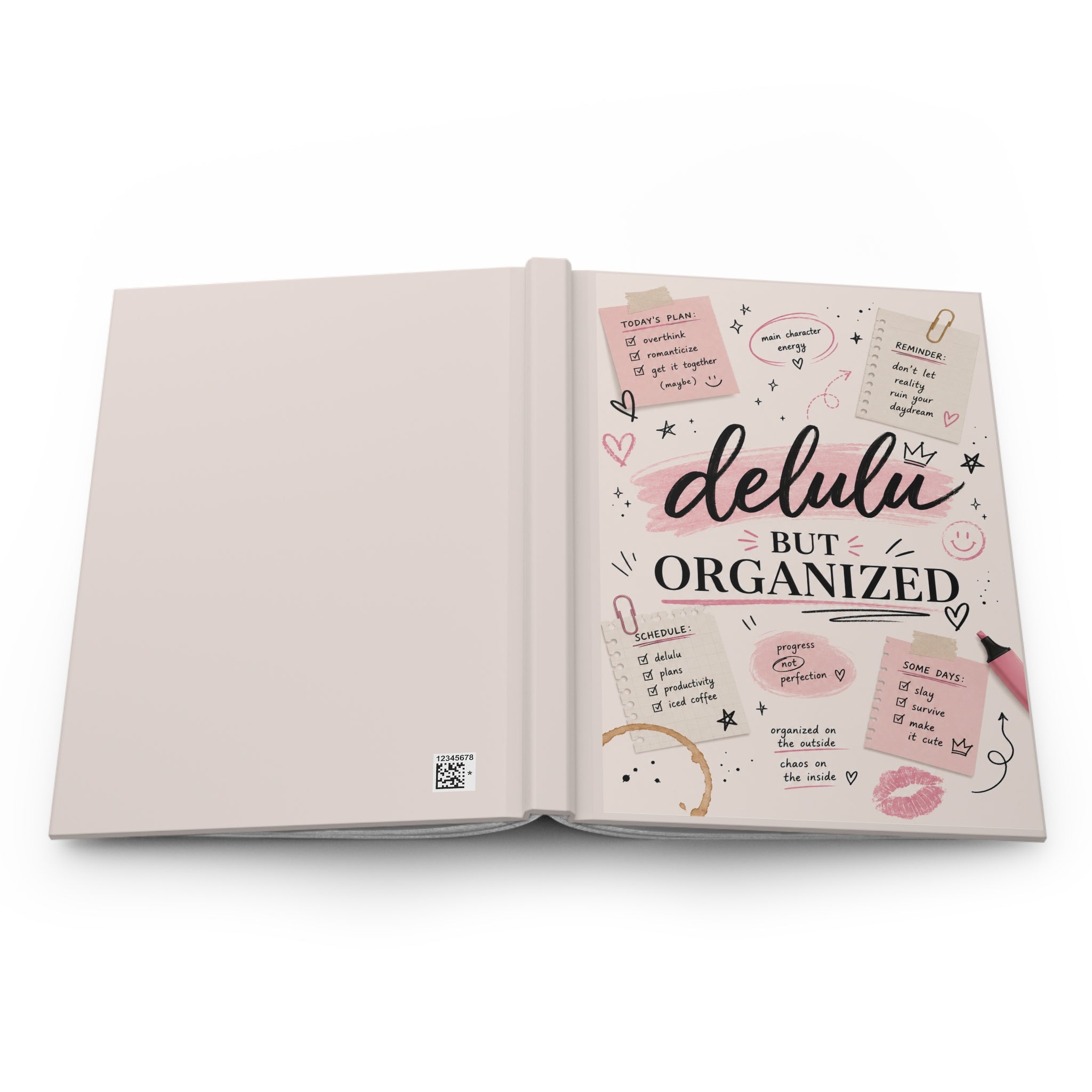 Delulu But Organized Hardcover Journal — Cute Pink Planner Notebook for Notes & Goal-Setting