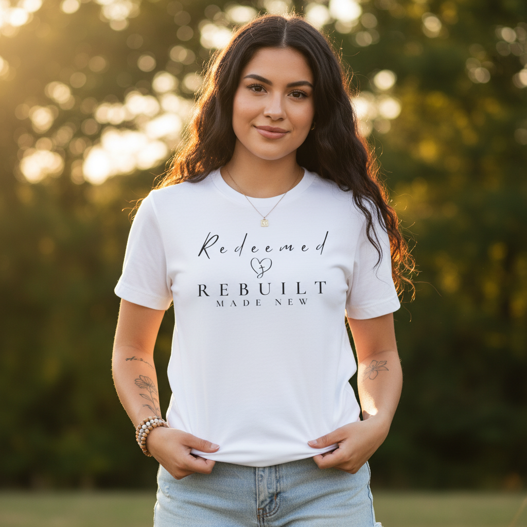 Rebuilt & Redeemed Tee — Inspirational Christian Faith Shirt