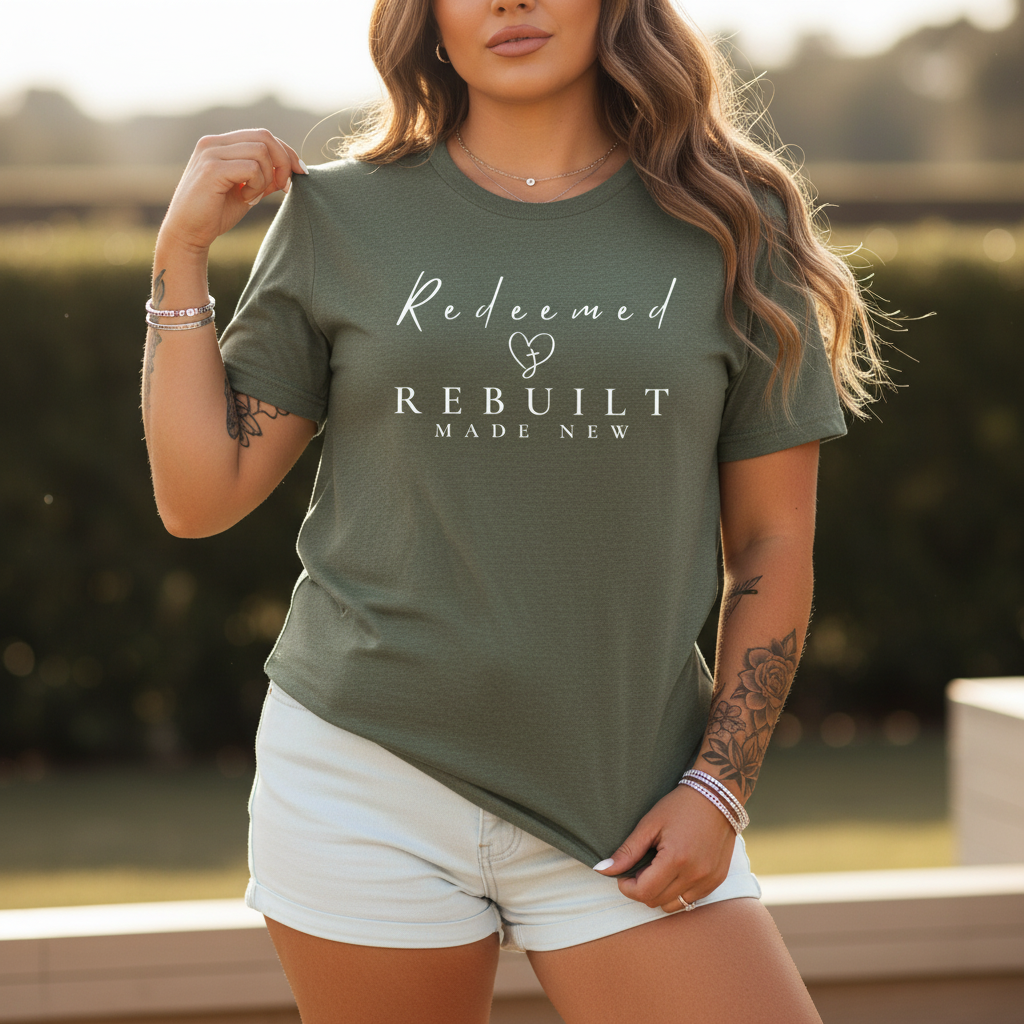 Rebuilt & Redeemed Tee — Inspirational Christian Faith Shirt