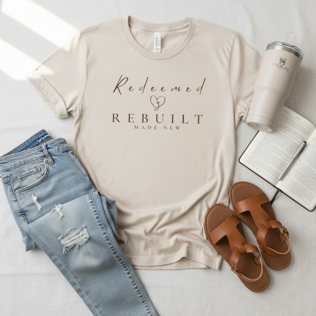 Rebuilt & Redeemed Tee — Inspirational Christian Faith Shirt