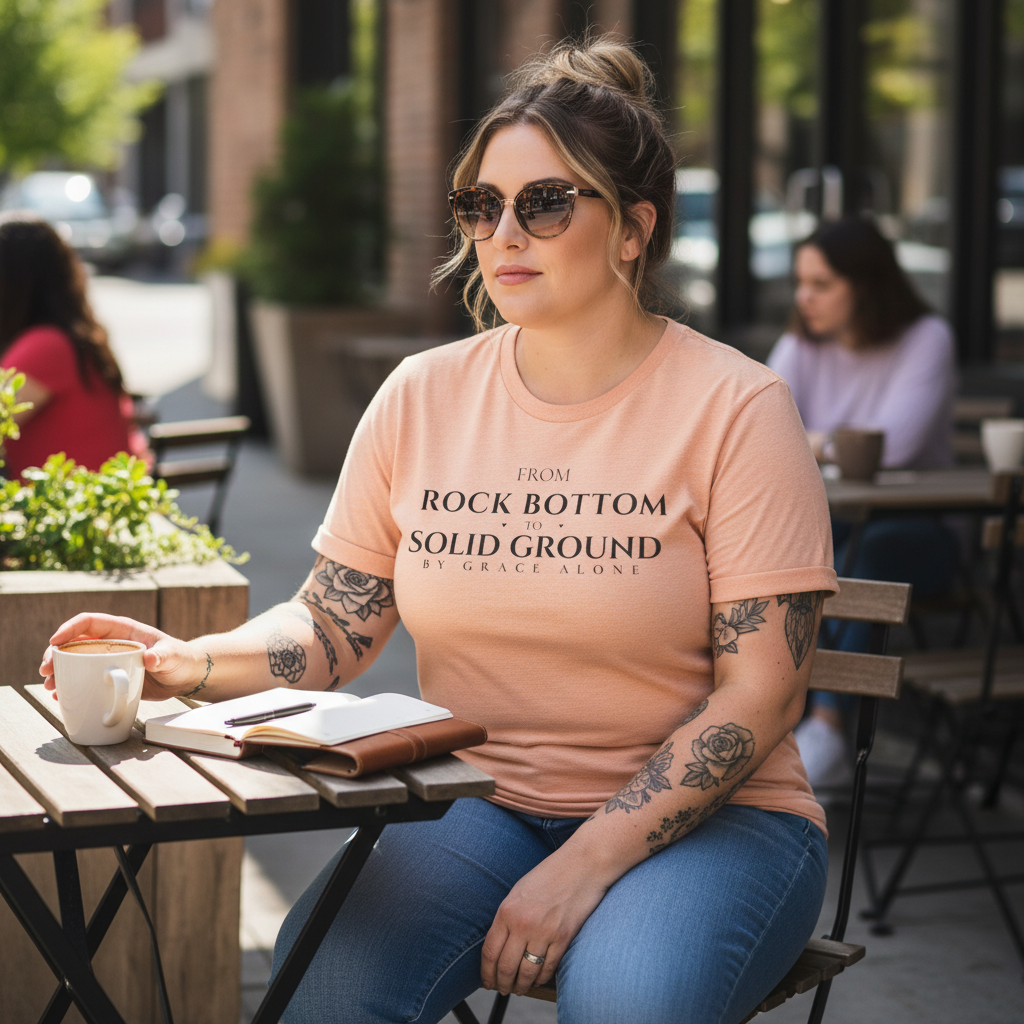 From Rock Bottom to Solid Ground Tee – By Grace Alone Christian Shirt
