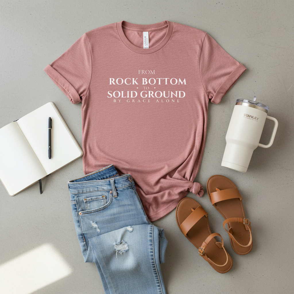 From Rock Bottom to Solid Ground Tee – By Grace Alone Christian Shirt