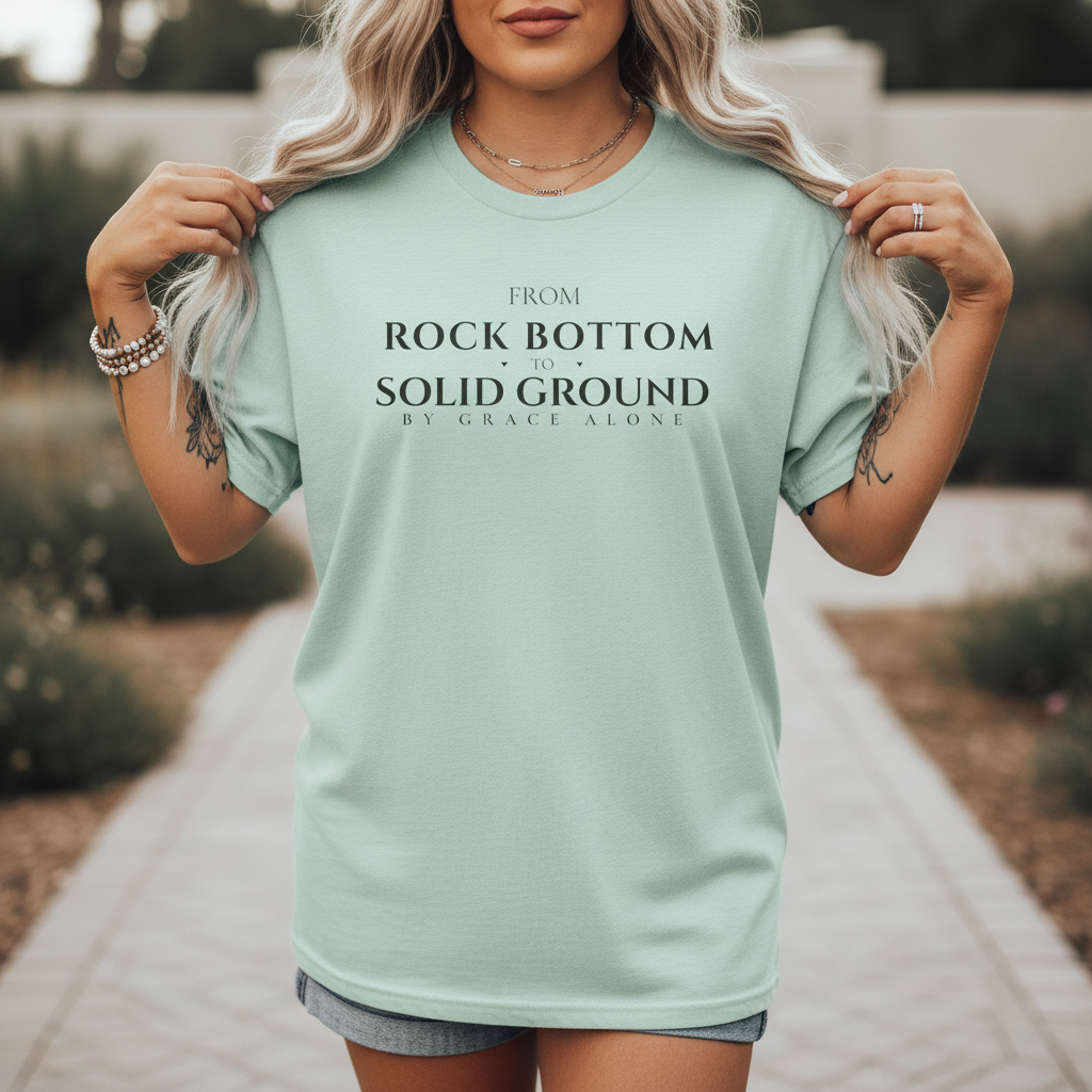 From Rock Bottom to Solid Ground Tee – By Grace Alone Christian Shirt