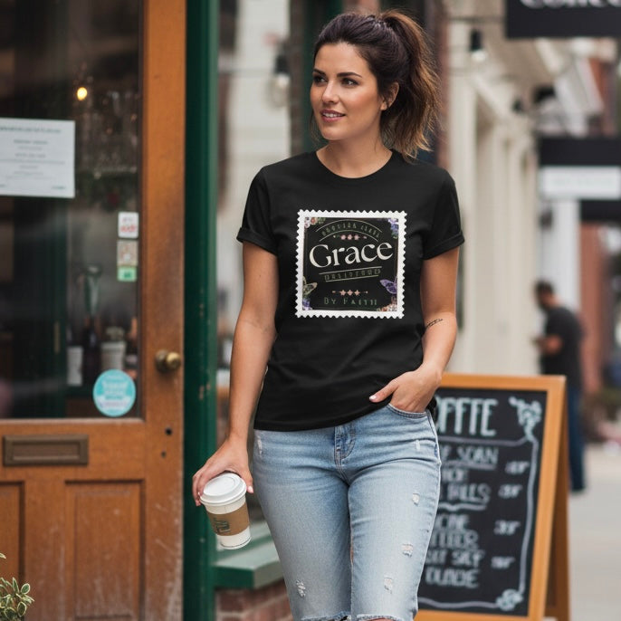 Grace Delivered By Faith Christian Graphic Tee – Vintage Postage Stamp Design