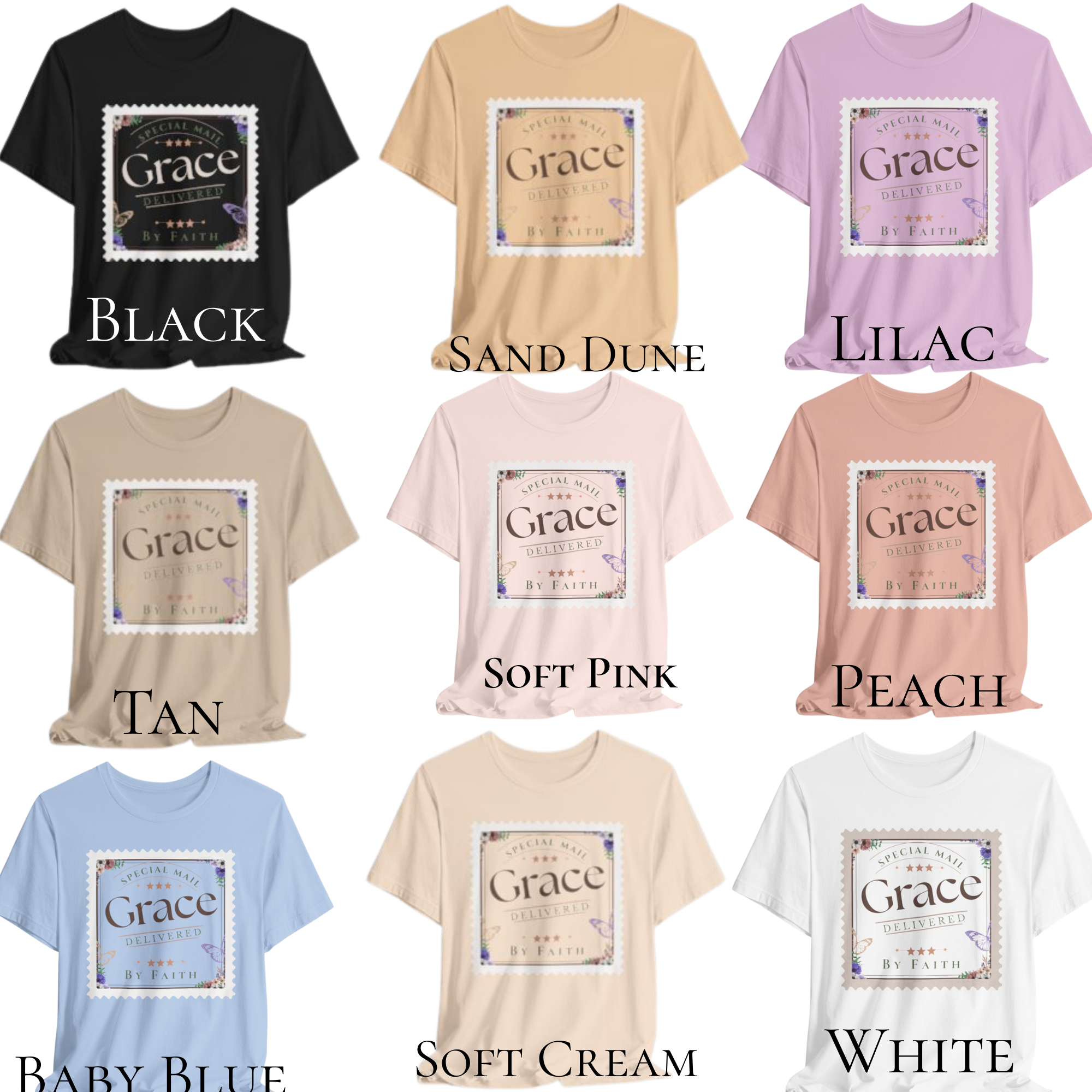 Grace Delivered By Faith Christian Graphic Tee – Vintage Postage Stamp Design