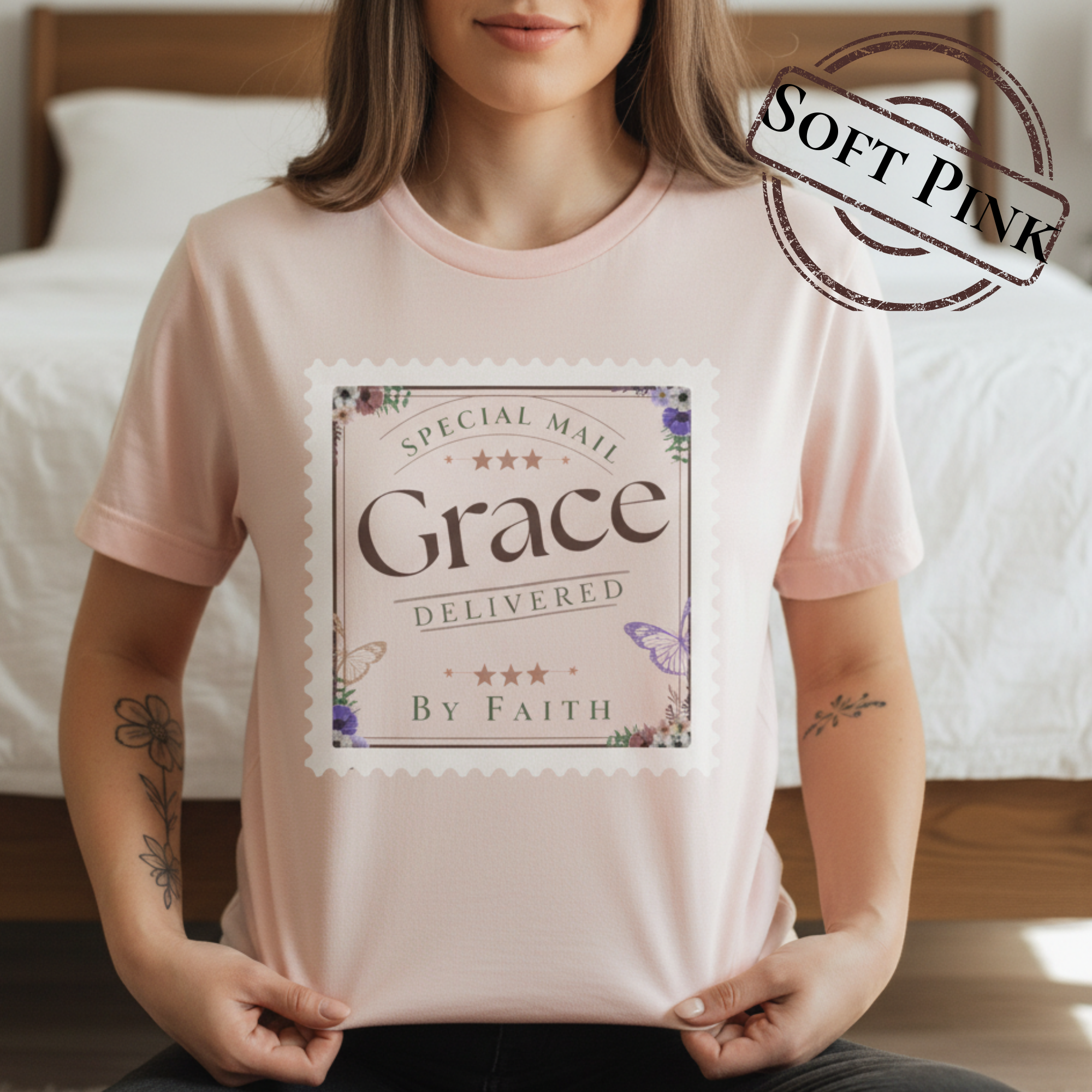 Grace Delivered By Faith Christian Graphic Tee – Vintage Postage Stamp Design