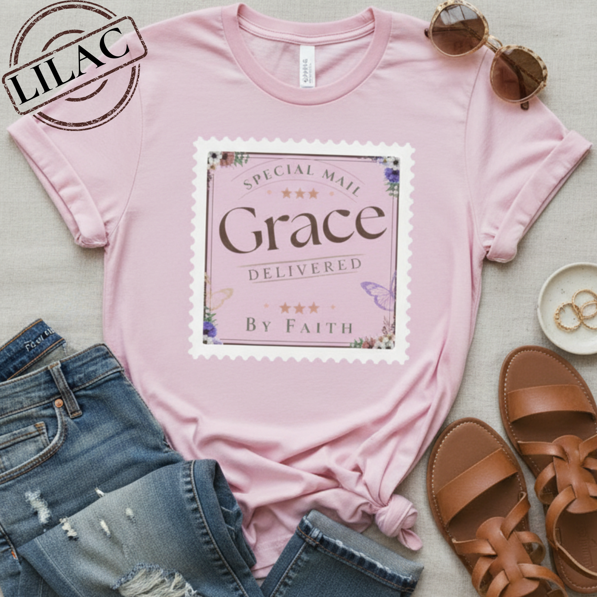 Grace Delivered By Faith Christian Graphic Tee – Vintage Postage Stamp Design