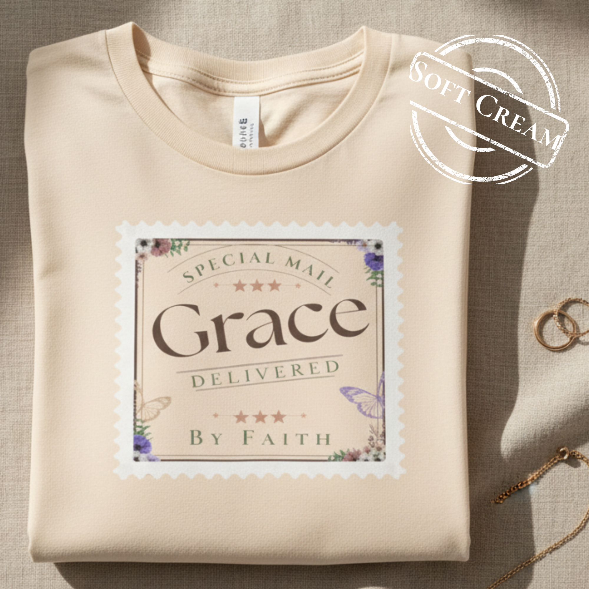 Grace Delivered By Faith Christian Graphic Tee – Vintage Postage Stamp Design