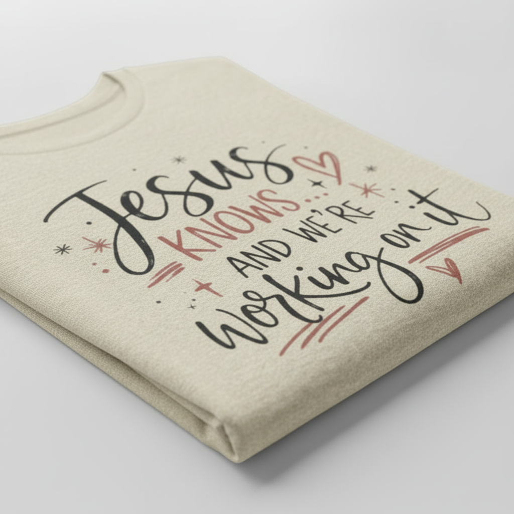 “Jesus Knows and We’re Working On It” Graphic Shirt