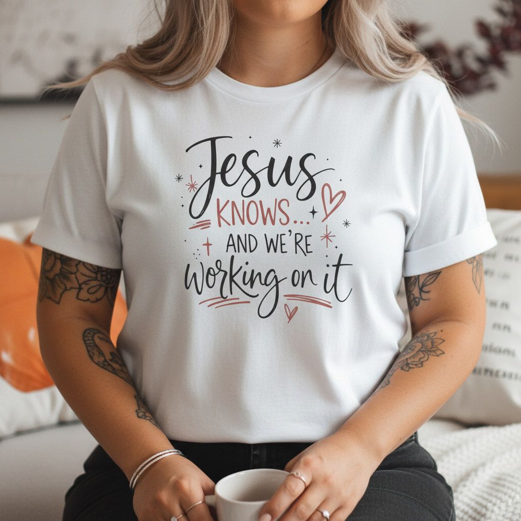 “Jesus Knows and We’re Working On It” Graphic Shirt