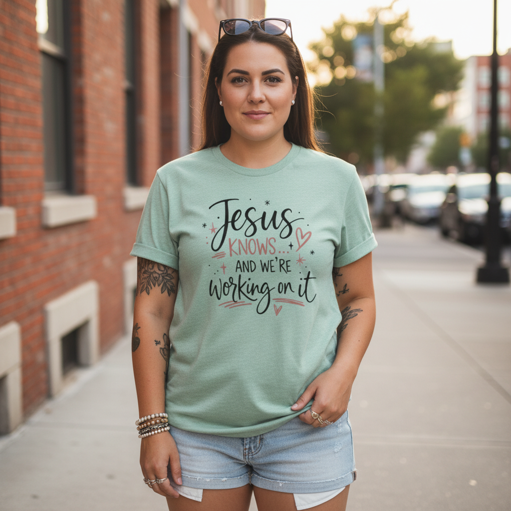 “Jesus Knows and We’re Working On It” Graphic Shirt