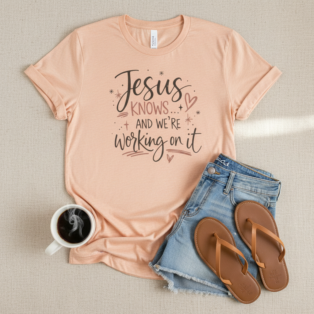 “Jesus Knows and We’re Working On It” Graphic Shirt