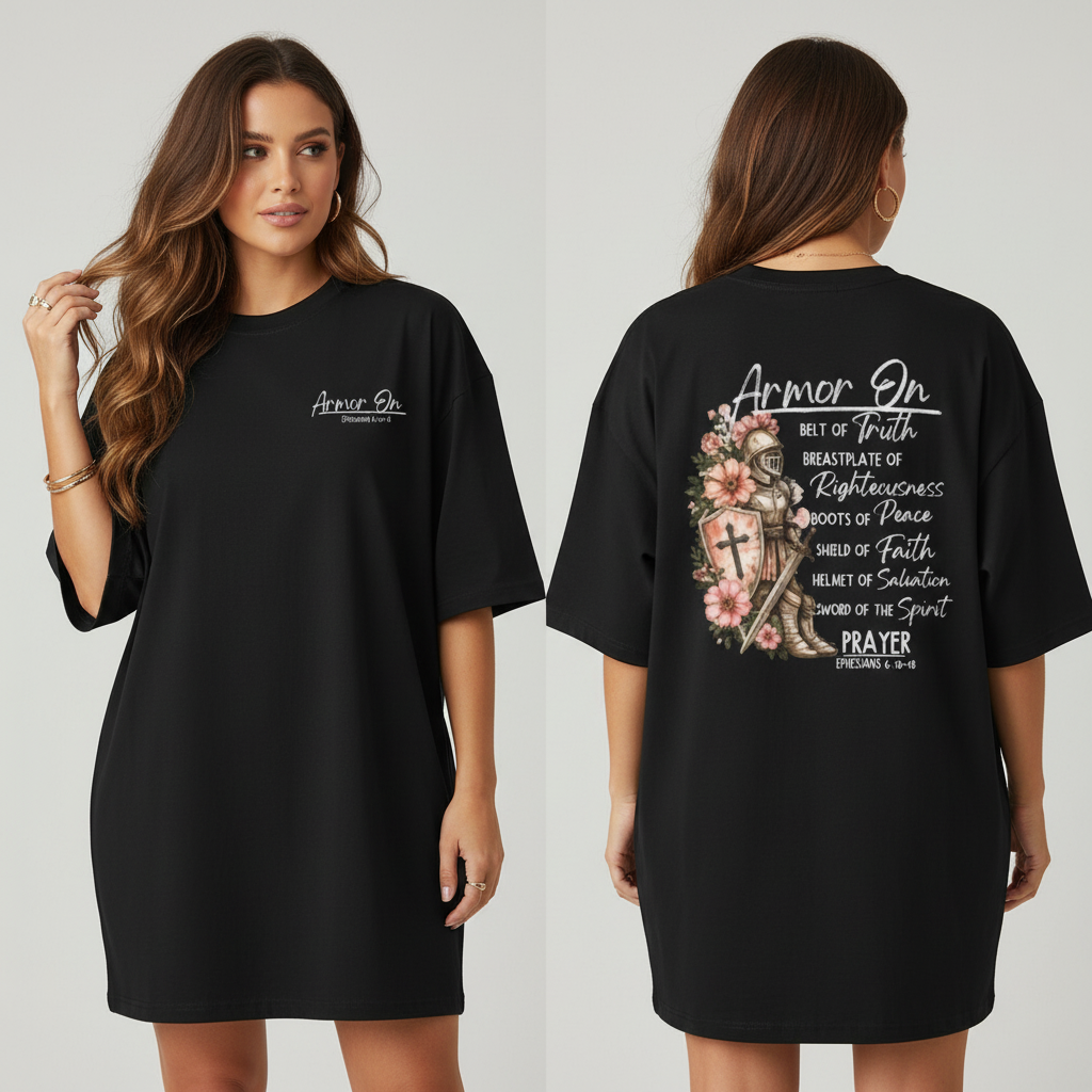 Armor On Oversized Christian Tee – Ephesians 6:10-18 Faith Shirt
