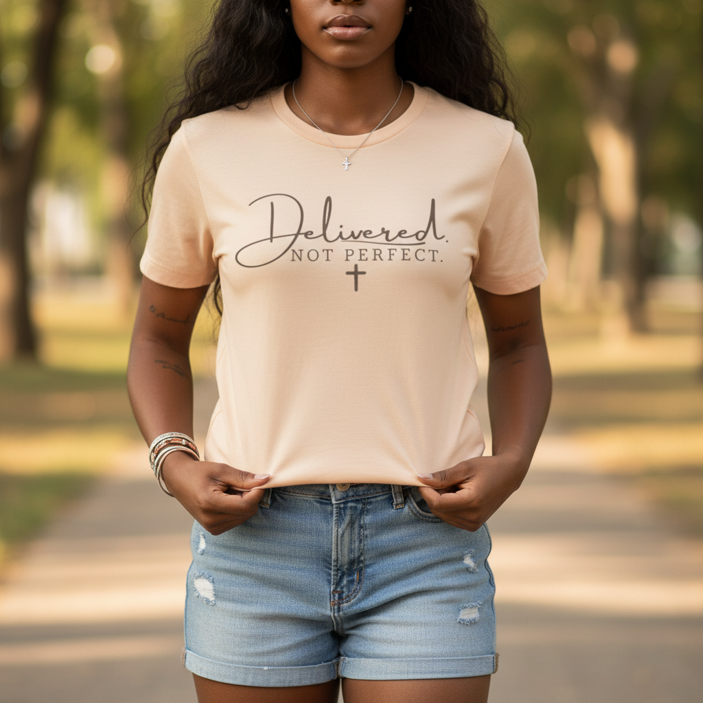 Delivered Not Perfect T-Shirt — Christian Faith Tee with Cross