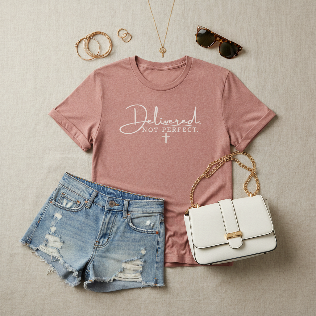 Delivered Not Perfect T-Shirt — Christian Faith Tee with Cross