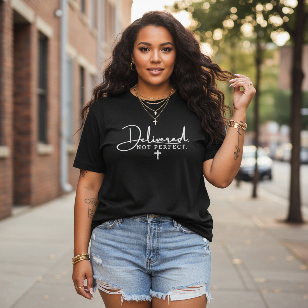 Delivered Not Perfect T-Shirt — Christian Faith Tee with Cross