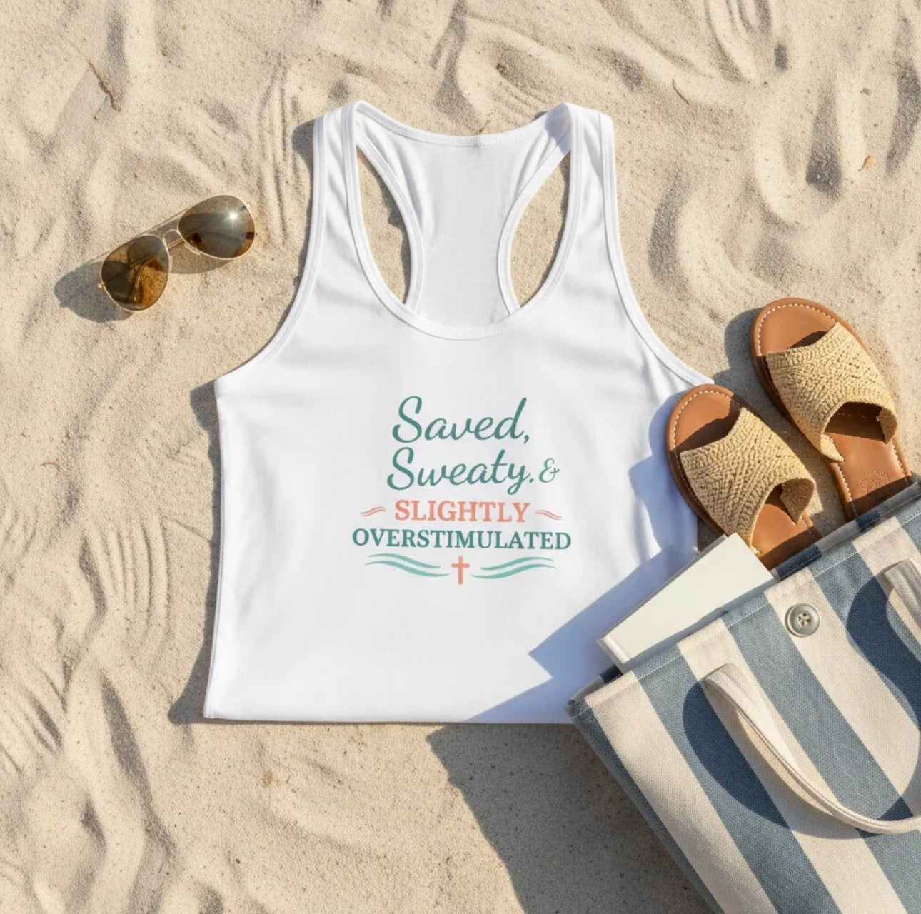 Saved, Sassy & Slightly Overstimulated Racerback Tank – Faith-Based Women’s Summer Top
