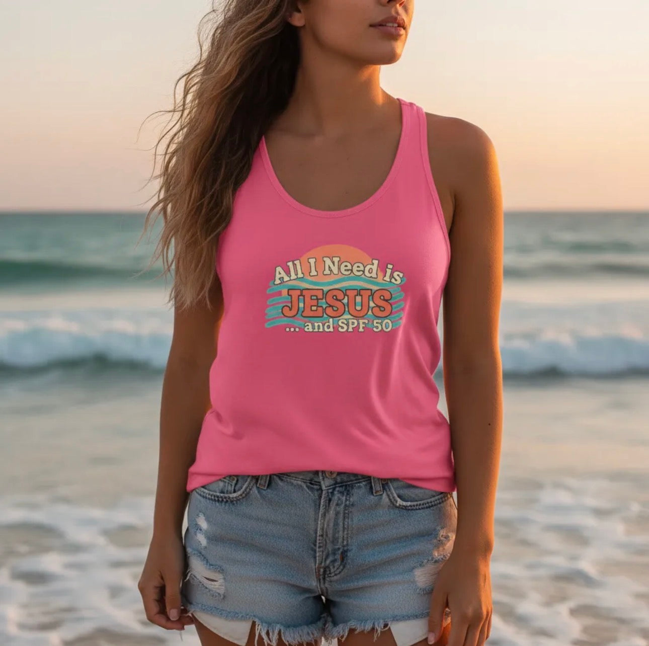 All I Need Is Jesus & SPF 50 Racerback Tank – Faith-Based Summer Beach Top