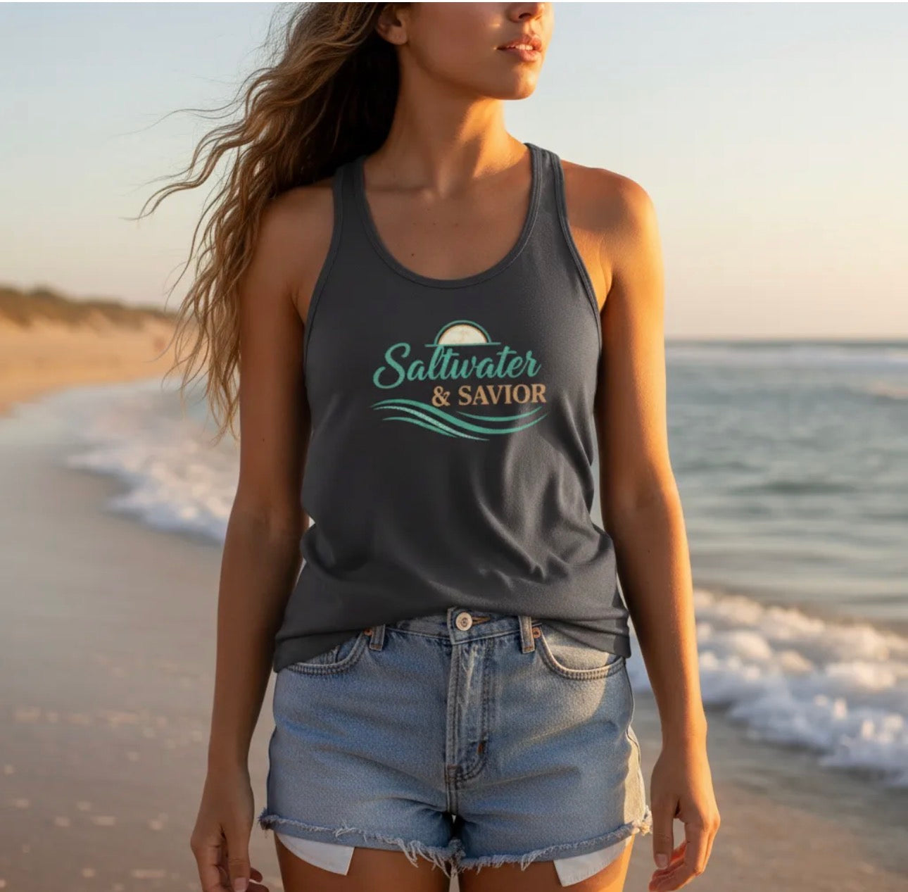 Saltwater & Savior Racerback Tank – Faith-Based Beach Summer Top for Women