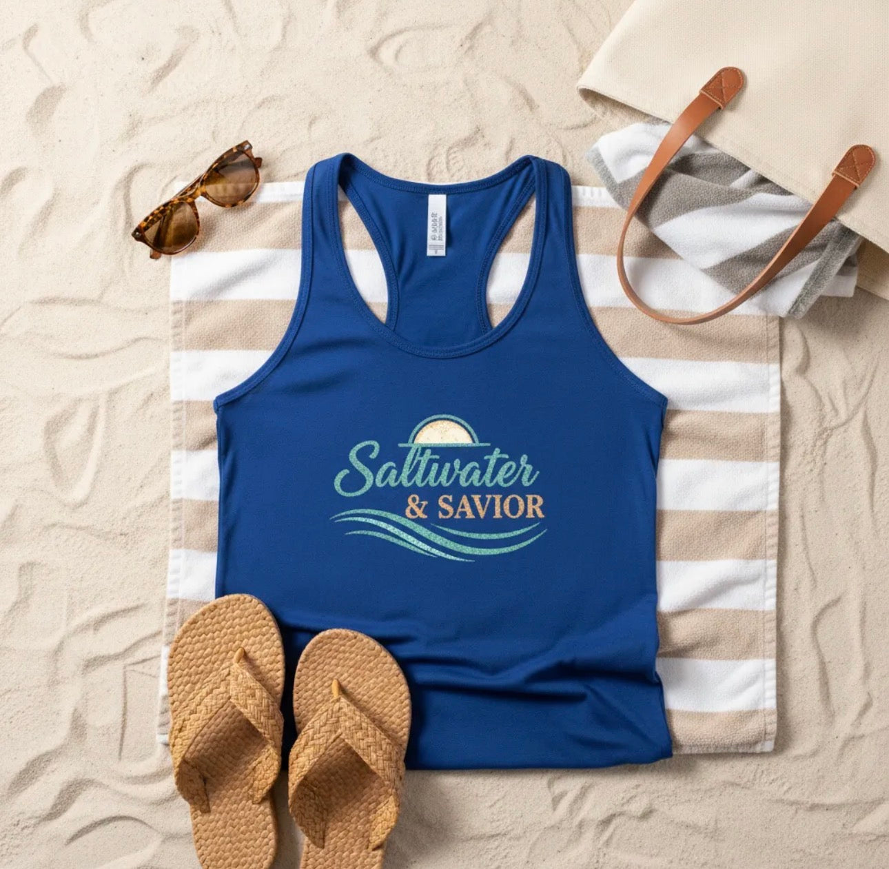 Saltwater & Savior Racerback Tank – Faith-Based Beach Summer Top for Women