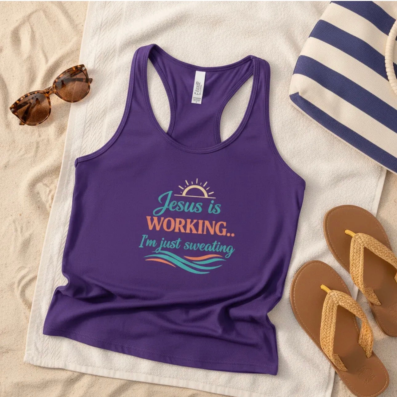 Jesus Is Working I’m Just Sweating Racerback Tank – Funny Faith-Based Summer Tank for Women