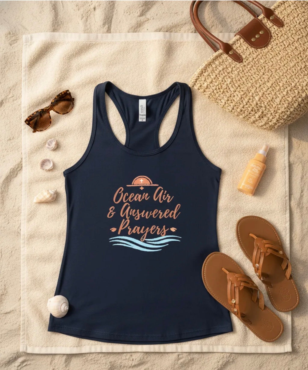 Ocean Air & Answered Prayers Racerback Tank – Faith-Based Beach Summer Top for Women
