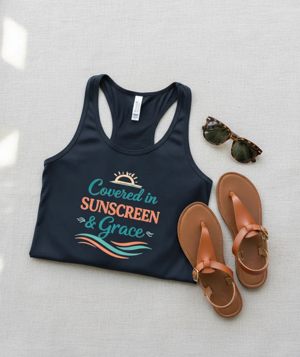 Covered in Sunscreen & Grace Racerback Tank – Faith-Based Summer Beach Tank for Women