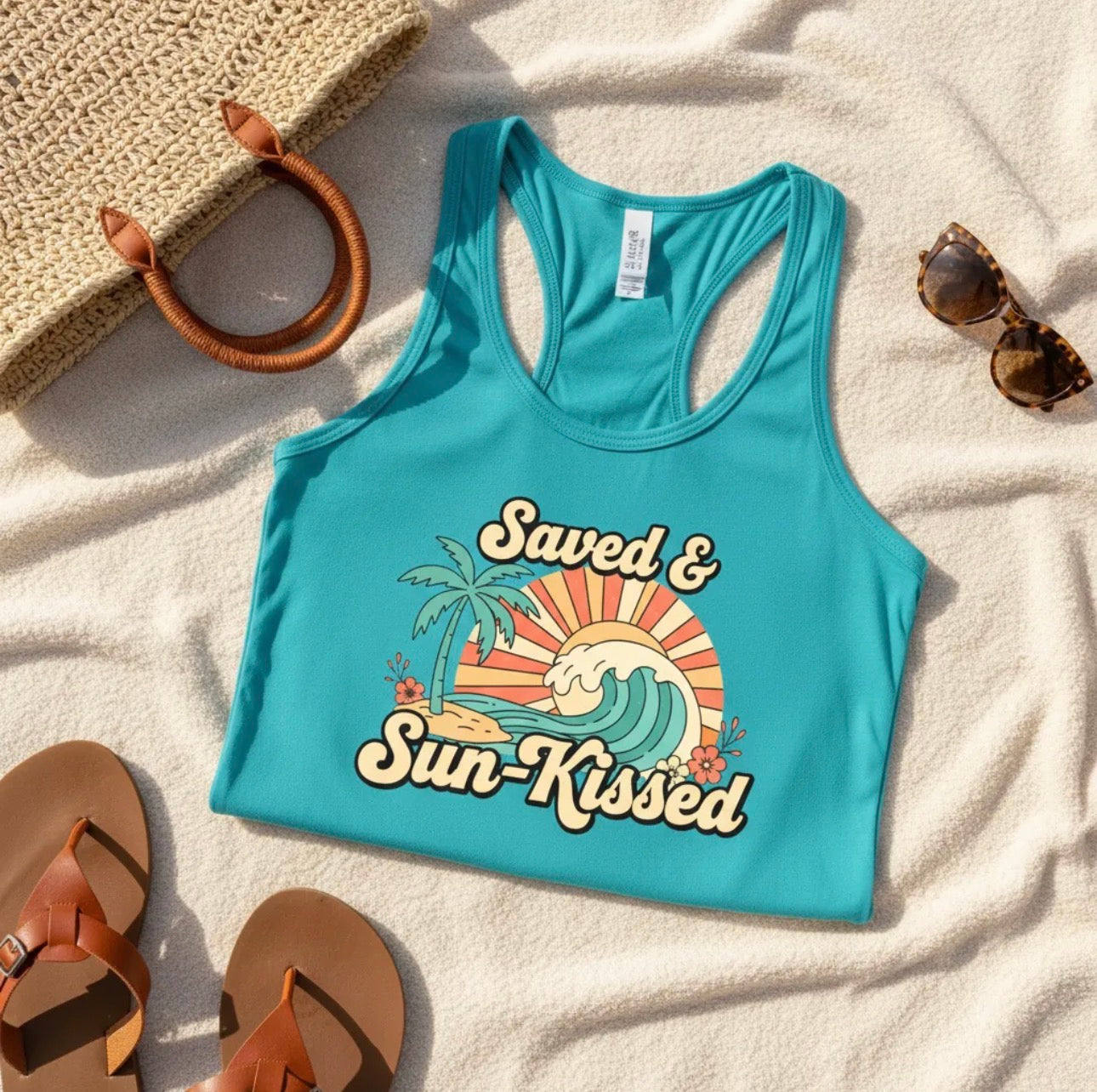Saved & Sun-Kissed Racerback Tank – Faith-Based Summer Beach Tank for Women